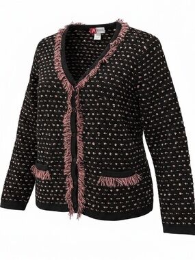 JM Frayed-Trim V-Neck Knit Cardigan Button Closure Black w Pink Accent SZ XL EUC